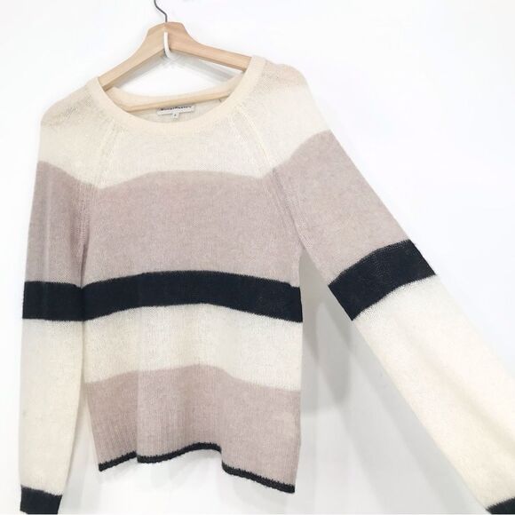 White + Warren Black Blush Cream 100% Cashmere Lightweight Striped Sweater - Picture 3 of 14